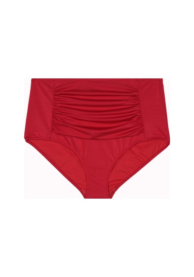 Büyük Beden Drape Detaylı Toparlayıcı Yüksek Bel Kadın Bikini Alt Kırmızı