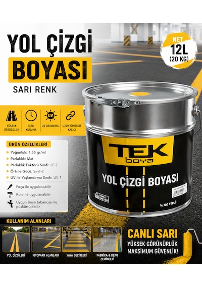 Tek Boya Yol Çizgi Boyası Sarı Renk 12 Litre 20 Kg