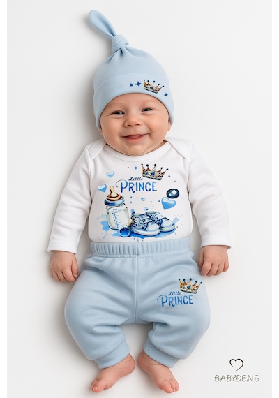 Babyden's Little Prince 3 Lü Erkek Bebek Takımı Uzun Kollu %100 Pamuk Body, Pantolon Ve Şapka Seti Mavi Açık Mavi