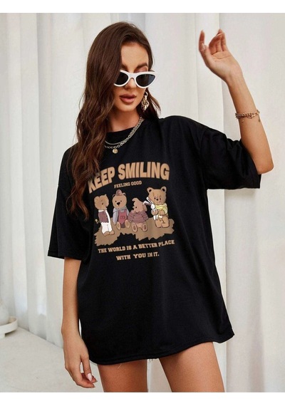 Flood Of Style Kadın Siyah Keep Smılıng Oversize Bisiklet Yaka Tshirt