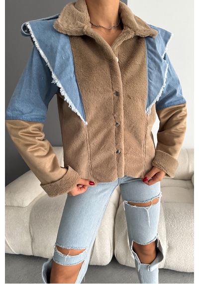 Femelle Kadın Bej İçi Süet Denim Kot Detaylı Çıtçıt Düğmeli Mont