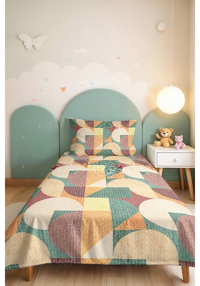 Geometrik Yeşil Genç Odası Tek Kişilik Pike Takımı - Hardal Kahve 160x220 Cm Kapitone Yatak Örtüsü Mat Sepet Esintisi