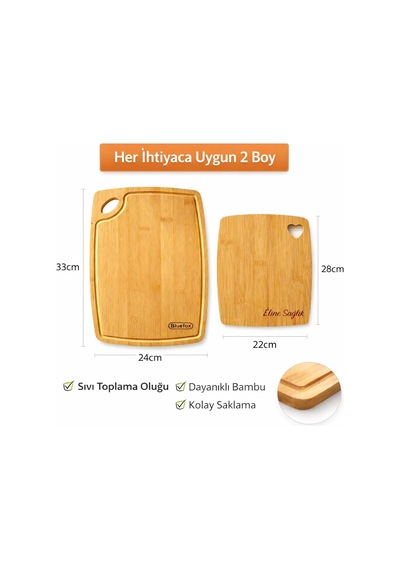 Tr 2'li Bambu Kesme Tahtası Seti 33x24 Cm & 28x22 Cm Oluklu Büyük Boy Meyve & Sebze Ayrımı Doğal, Diğer