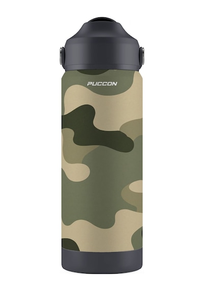 Puccon 540 Ml Koyu Yeşil Kamuflaj Desenli Siyah - Yeşil Erkek Çocuk Pipetli Çelik Termos Matara/suluk - 60051