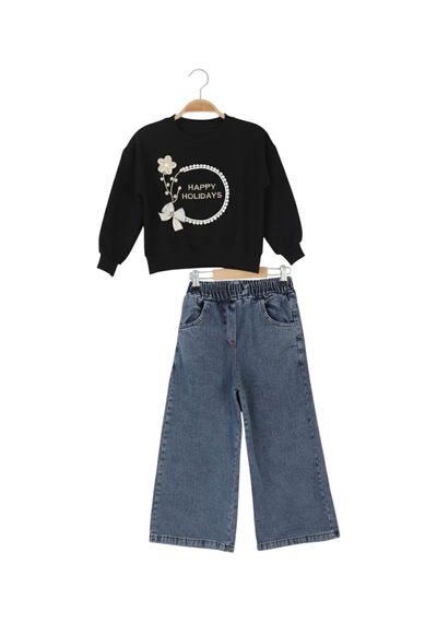 Erdem Kıds Kız Çocuk Bayramlık Günlük - Casual Geniş-bol Paça Palazzo Kot Pantolon-sweatshirt İkili Takım Siyah - Mavi Siyah - Mavi Erdem Kıds Kız Çocuk Bayramlık Günlük - Casual Geniş-bol Paça Palazzo Kot Pantolon-sweatshirt İkili Takım Siyah - Mavi Siyah - Mavi