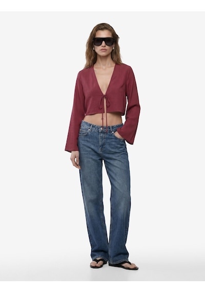 Koton Geniş Uzun Kollu Önden Bağlama Detaylı Crop Bluz Bordo 6sak60540uw