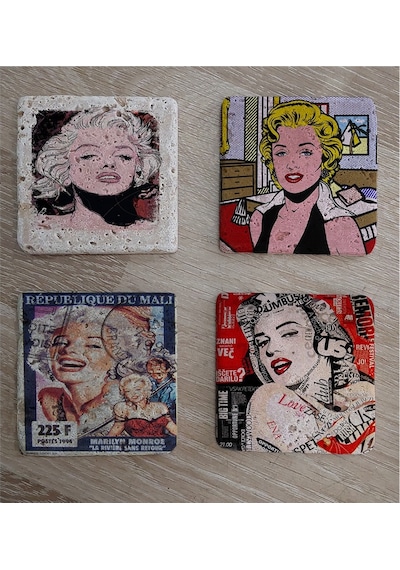 Marilyn Monroe Pul Ve Portreleri Doğal Taş Bardak Altlığı 4'lü Set - Natural Stone Coasters - Taş Çok Renkli