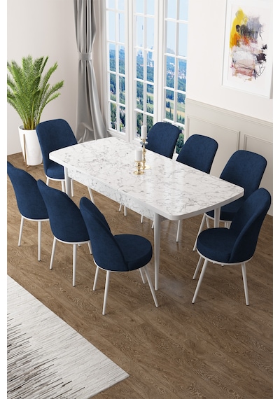 Canisa Concept Zen Serisi 80x132 Mdf Açılabilir Beyaz Mermer Desen Masa Takımı Ve 8 Lacivert Sandalye Masa Beyaz/sandalyeler Lacivert Canisa Concept Zen Serisi 80x132 Mdf Açılabilir Beyaz Mermer Desen Masa Takımı Ve 8 Lacivert Sandalye Masa Beyaz/sandalyeler Lacivert