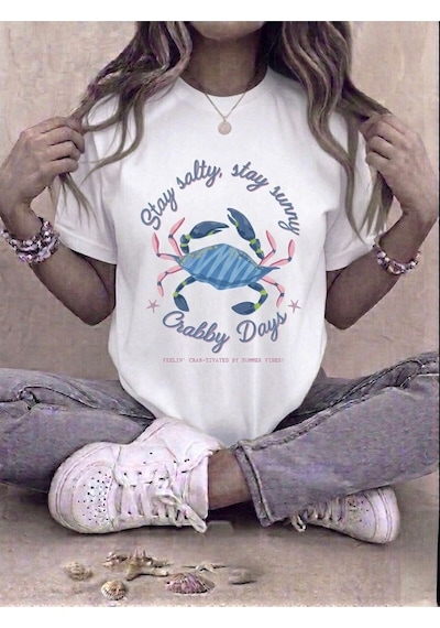 Kadın Stay Salty Yengeç Baskılı Kompakt T-shirt Beyaz