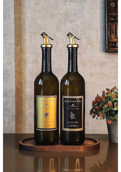 Khakma Stantlı Gold Zeytinyağı Sıvıyağ Şişesi Yağdanlık Seti 750 ML 2'li