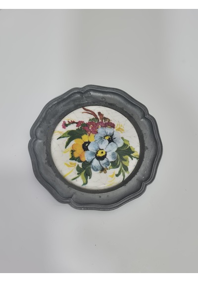 Vintage Zınn Çerçeveli Dekoratif Çiçek Temalı Duvar Tabağı 10cm 011