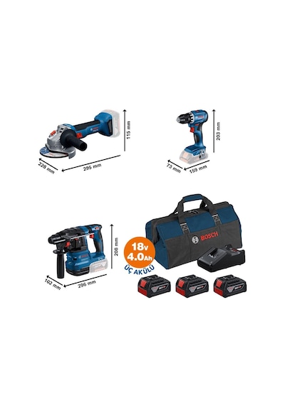 Bosch Gsr 18v-45 + Gws 18v-8 + Gbh 18v-22 3x18v 4.0ah Akülü Kombo Kit + 66 Parça El Aleti Seti + Termos Çantalı