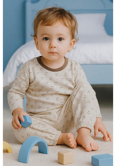 Breeze Erkek Bebek Pijama Takımı Desenli Beli Lastikli 9 Ay-3 Yaş, Bej Bej