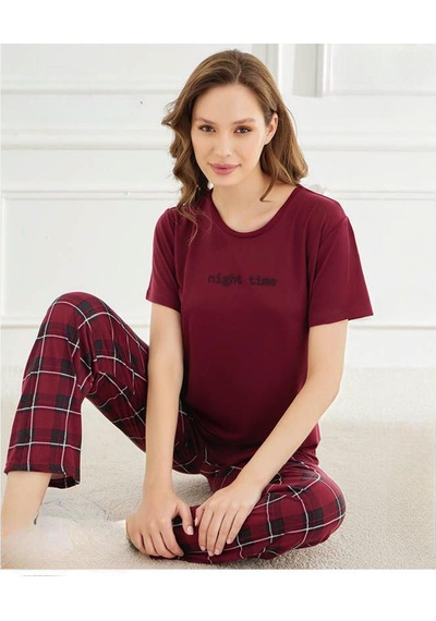 Mihra Kadın Bisiklet Yaka Milan Likralı Kısa Kol Pijama Takımı 50107bb - 1 Adet Bordo