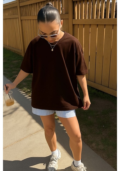 Düz Unisex Tshırt 3q6 Kahverengi