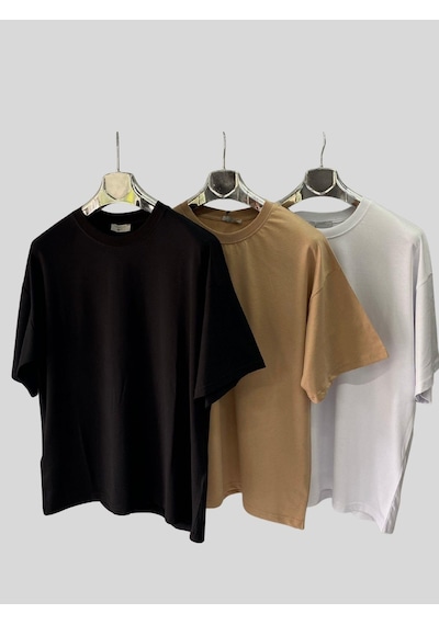Kadın/erkek Unisex Oversize 3'lü T-shirt Sütlü Kahve