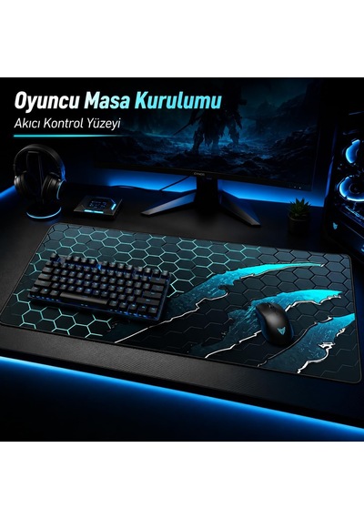 90x40 Cm Mouse Pad, Turkuaz Pençe Hexagon Desenli Büyük Mouse Pad, Kaymaz Kauçuk Tabanlı, Dikişli Kenarlı 3 Mm Klavye Ve Mouse Altlığı, Gaming Desk Mat