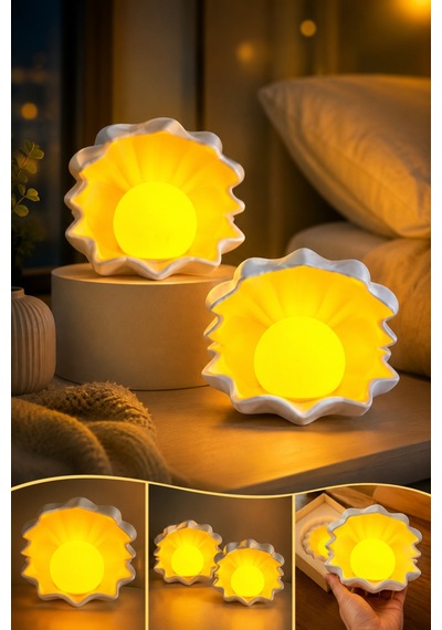 Deniz Kabuğu Led Gece Lambası 2'li Set 2 Led Mum Hediyeli Dekoratif Ortam Aydınlatması Beyaz