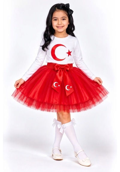 Trendmirend 23 Nisan Ve 29 Ekim Uz Kol Baskılı Ay Yıldızlı Tişört Kırmızı Tütü Etegi Kırmızı- Beyaz