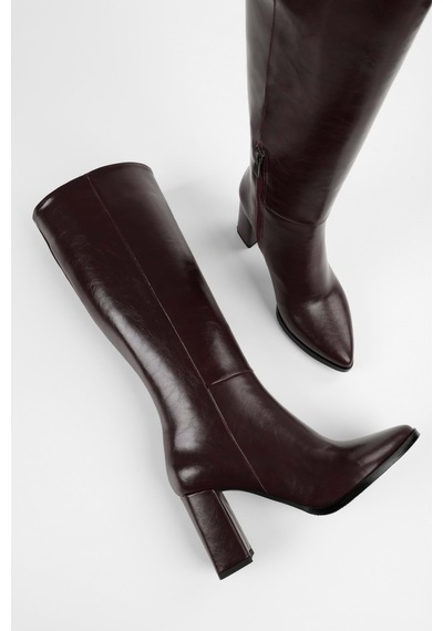 Shoeberry Kadın Brave Kahve Cilt Topuklu Çizme Bordo