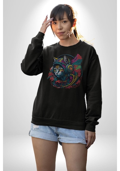 Kulaklık Kedi Müzik Tekir Unisex Siyah Baskılı Sweatshirt Siyah