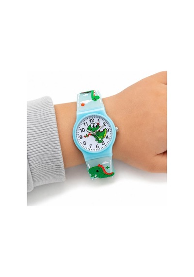 Erkek Çocuk Turkuaz Dinozor Desenli Silikon Kordon Analog Kol Saati St-304442 Beyaz