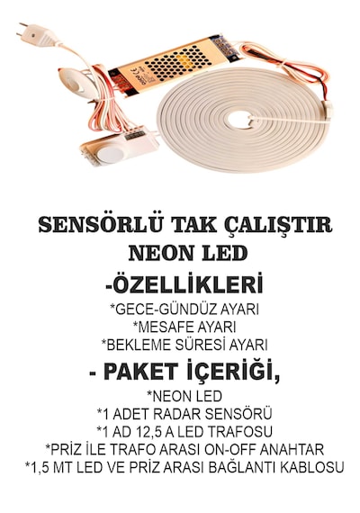 12 V Neon Led Mutfak Dolabı 360 Derece Hareket Algılama Sensörlü Gecegündüz Ayarlı Neon Led 1 Mt Gün Işığı