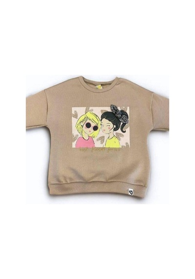 Kız Çocuk Kalın Kız Baskılı İçi Şardonlu Sweatshirt-14345 Bej