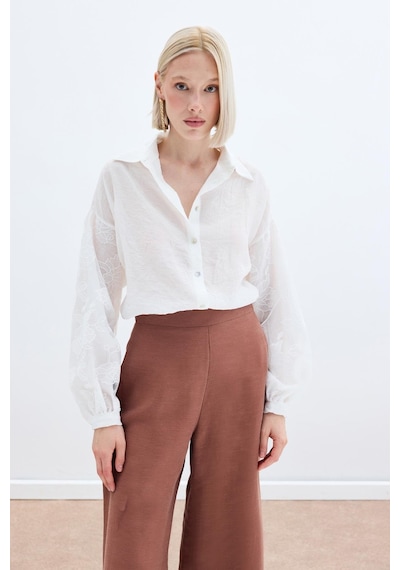Sateen Nakış Detaylı Kraşlı Gömlek - Ekru-136256 Ekru