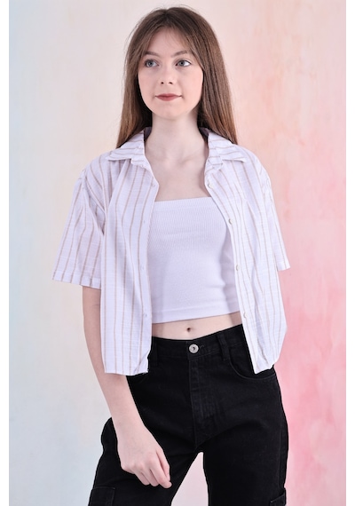 Kız Çocuk Büzgü Detaylı-çizgi Desenli Crop Gömlek 6-14 Yaş 12251 Açık Kahve