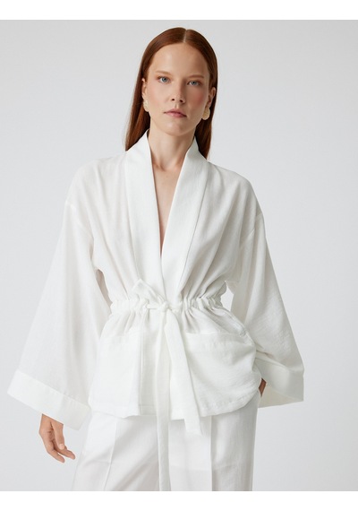 Koton Oversize Kimono Kuşaklı Geniş Uzun Kollu Cepli Beyaz 4sak50144pw Beyaz