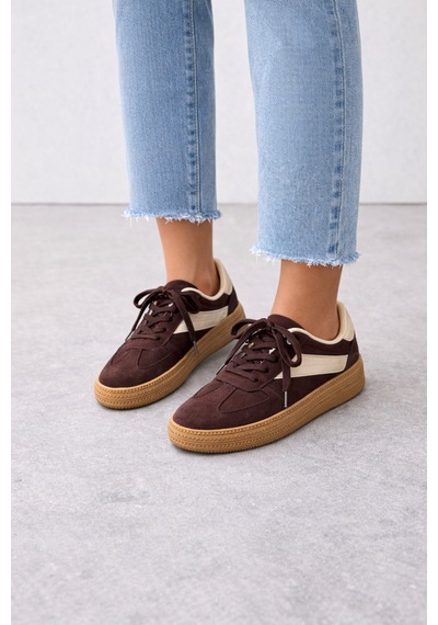 Çift Renkli İki Bağcıklı Kadın Spor Ayakkabısı Retro Sneaker - Kahverengi Kahverengi