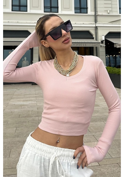Madmext Pembe V Yaka Uzun Kollu Kaşkorse Body Mg2192 Pembe