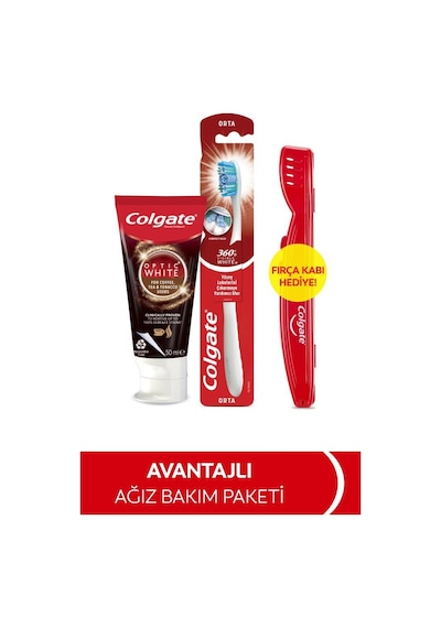 Colgate Optic White Kahve Çay ve Tütün Kullananlar İçin Beyazlatıcı Diş Macunu 50 ML + Orta Diş Fırçası Fırça Kabı