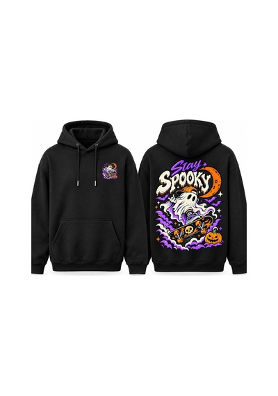 Gıovera Spooky Premium Erkek Oversize Kapüşonlu Sweatshirt %100 Pamuk Hayalet Baskılı Siyah