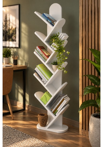 Sulorahome 10 Raflı Beyaz Ağaç Kitaplık Antrasit