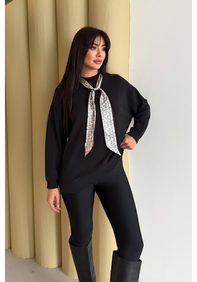 Balenbi Premium Modal Fular Detaylı Bisiklet Yaka Oversize Tunik 1177 Siyah