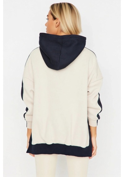 Benerly Kadın Kapüşonlu Düşük Kol Örme Geniş Kalıp Sweatshirt Fonksiyonel Lacivert