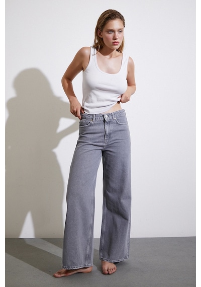 Never More Yüksek Bel Wide Leg Jean Füme