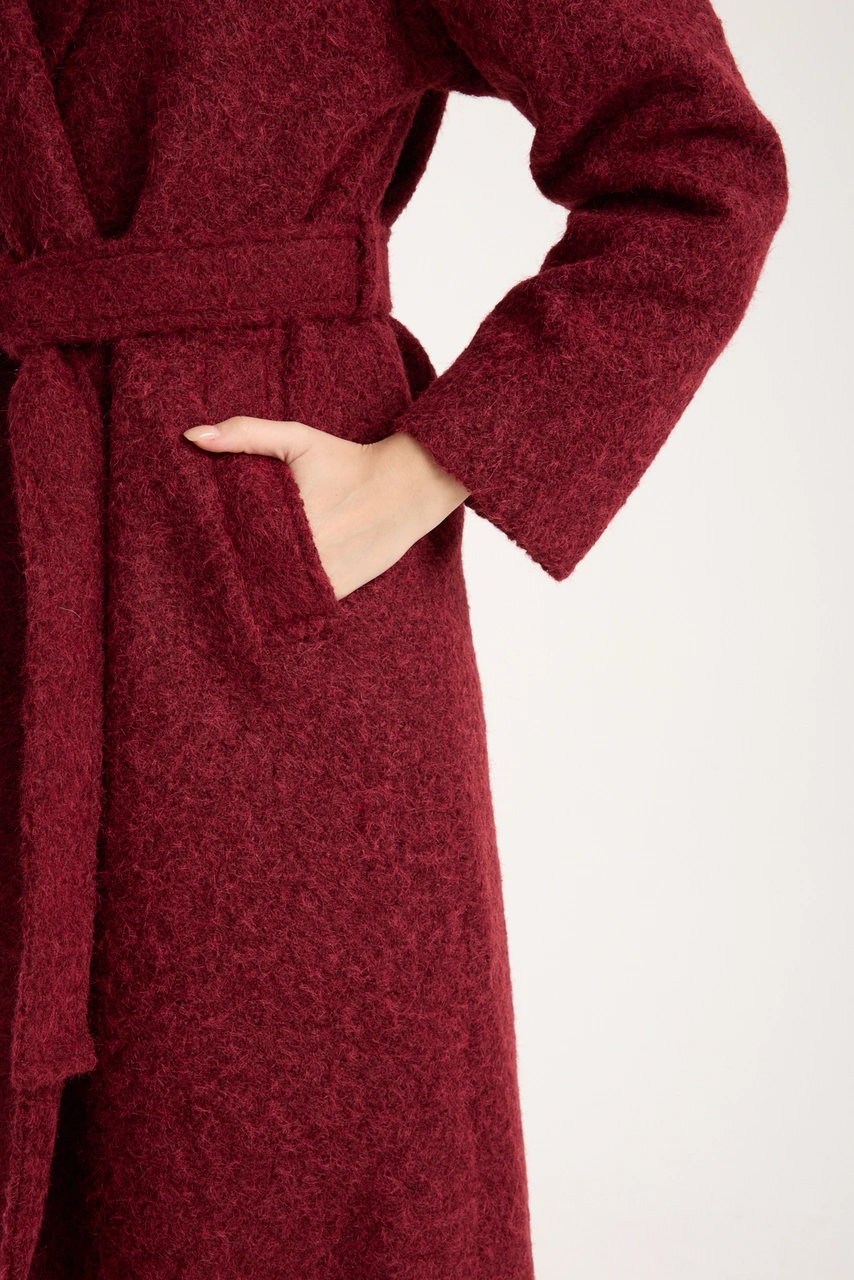 Bordo Buklet Kaşe Oversize Kaban Bordo