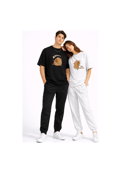 Nevermınd Sevgili Kombini Sevimli Ayı Baskılı Çift Tişört Oversize Unisex Partner Tişört 2'li Set Siyah - Beya Siyah-beyaz Siyah-beyaz