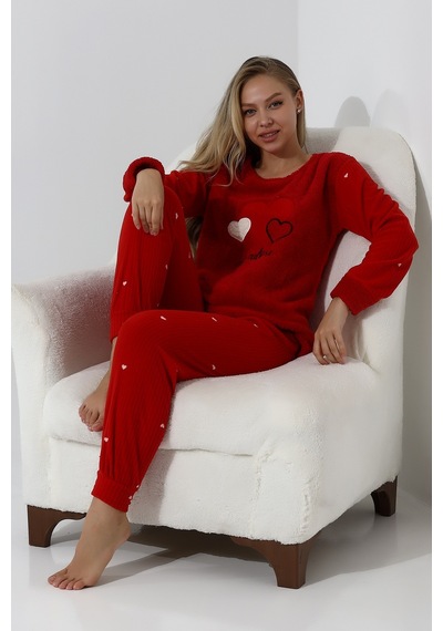 Wordex Fawn 5005 Peluş Welsoft Polar Kışlık Yumoş Kadın Pijama Takımı Kırmızı