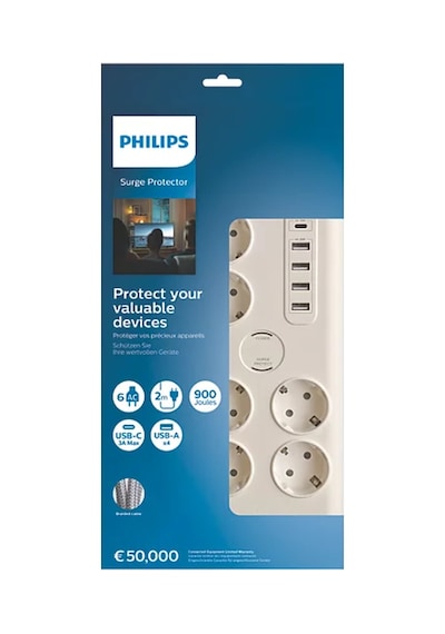 Phılıps Spn7060wa/62, 6 Soket, Akım Korumalı Priz, 900 Joules, 2mt Kablo, 1xusb-c 15w Şarj, 4xusb-a 20w, Beyaz