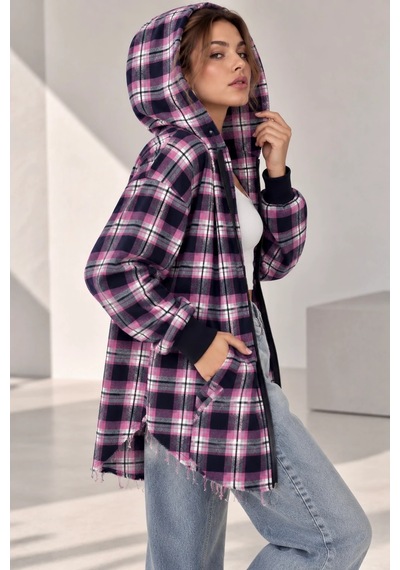 Bb Butik Basic Kapüşonlu Fermuarlı Oversize Ekose Oduncu Gömlek Ceket Kadın Rahat Mevsimlik Günlük Tr0935 Fuşya