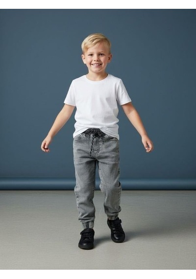 Zekids Erkek Çocuk Yumuşak Dokulu Beli Paçası Lastikli Kot Pantolon-16661 Mavi
