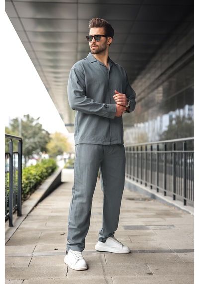 Madmext Füme Düğmeli Basic Erkek Gömlek Pantolon Takım E7335 Füme
