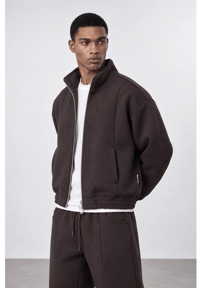 Respire Erkek Crop Fit Panda Oversize Zip Kahve