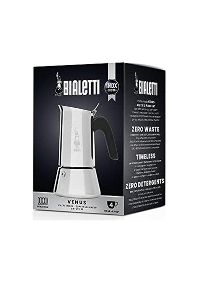 Venus: 4 Cups Ocak Üstü Espresso Pişirici - 170ml - Gümüş Renk - Paslanmaz Çelik Gövde - Patentli Güvenlik Valf