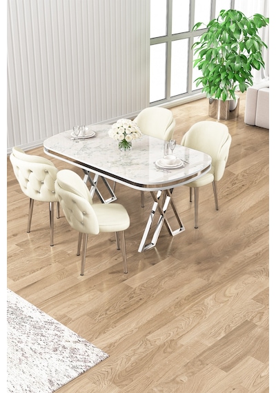 Canisa Zae Serisi 90x168 Lak Panel Beyaz Mermer Desen Krom Ayak Masa Takımı 4 Krem Sandalye Beyaz Mermer Desen Masa,krem Sandalye Canisa Zae Serisi 90x168 Lak Panel Beyaz Mermer Desen Krom Ayak Masa Takımı 4 Krem Sandalye Beyaz Mermer Desen Masa,krem Sandalye