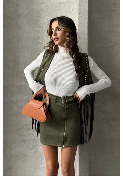 Verymoda Süet Fermuarlı Etek F0121 Haki